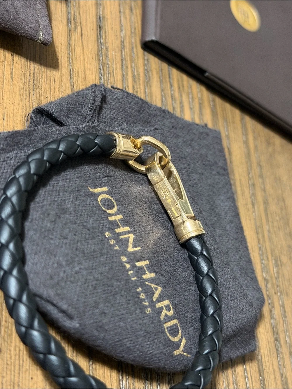 John Hardy Black Braided Leather Bracelet with 14k Gold Clasp Hook 5mm